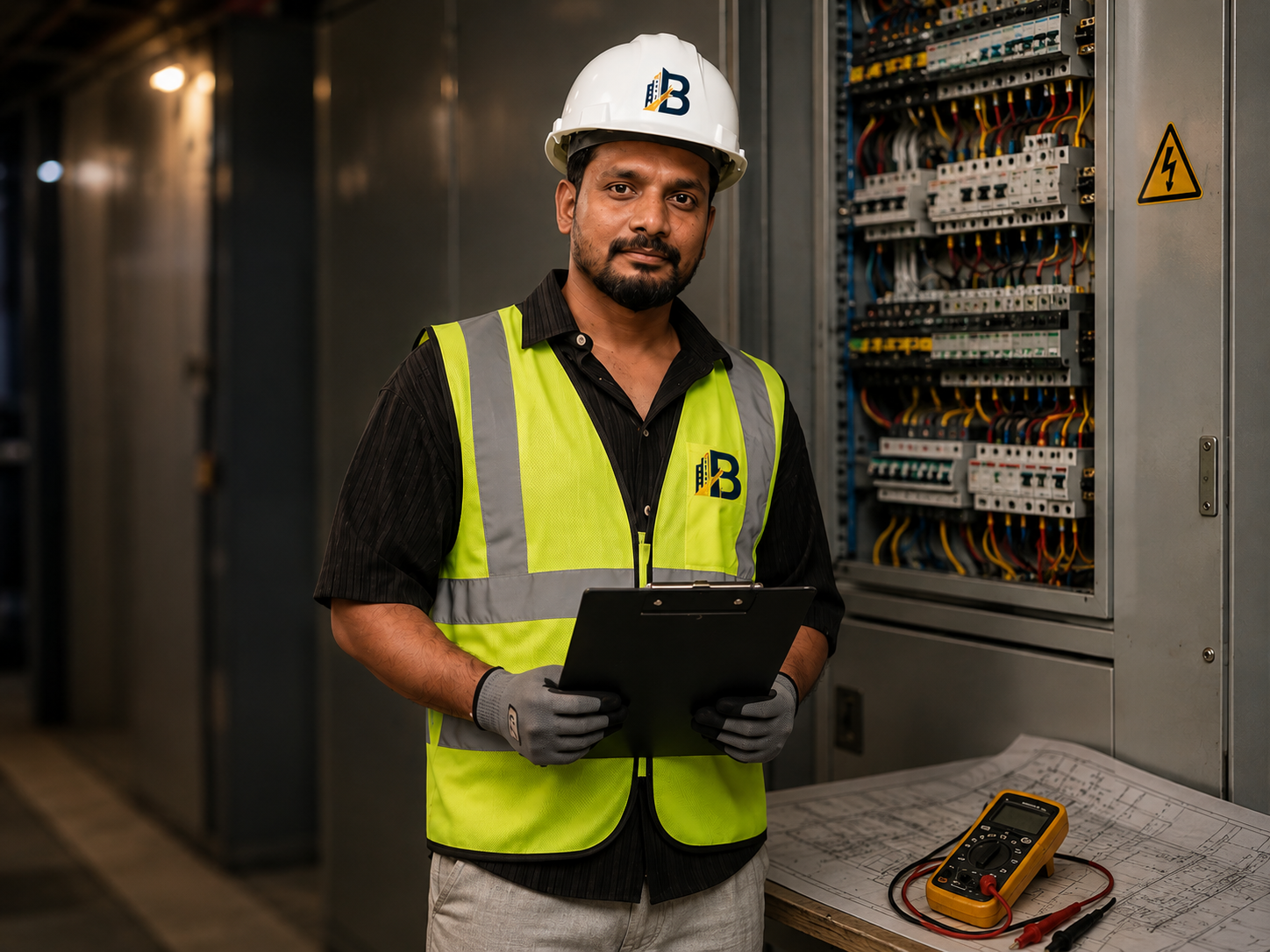 BRAVIANT electrical contractor beside an electrical distribution panel